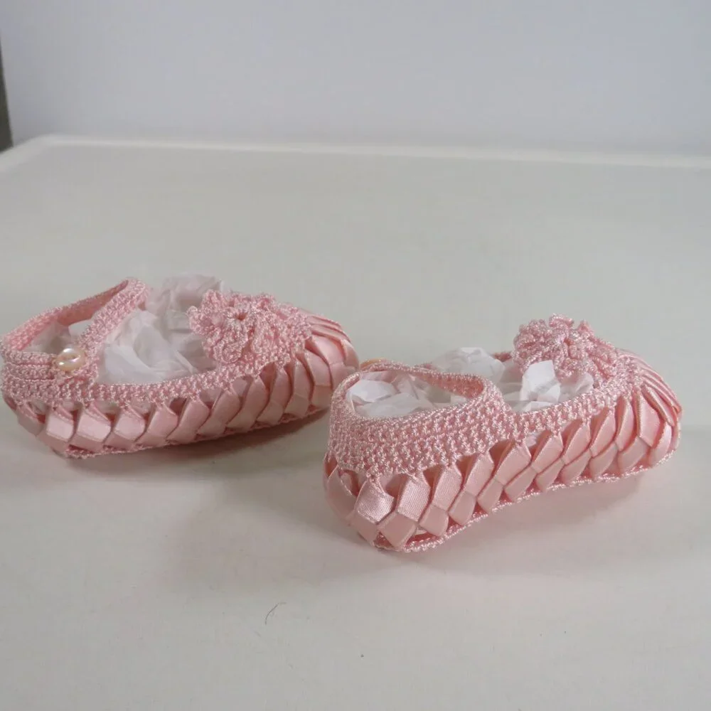 Baby Pink Ribbon Embroidered & Crocheted Shoes Newborn 3 3/4